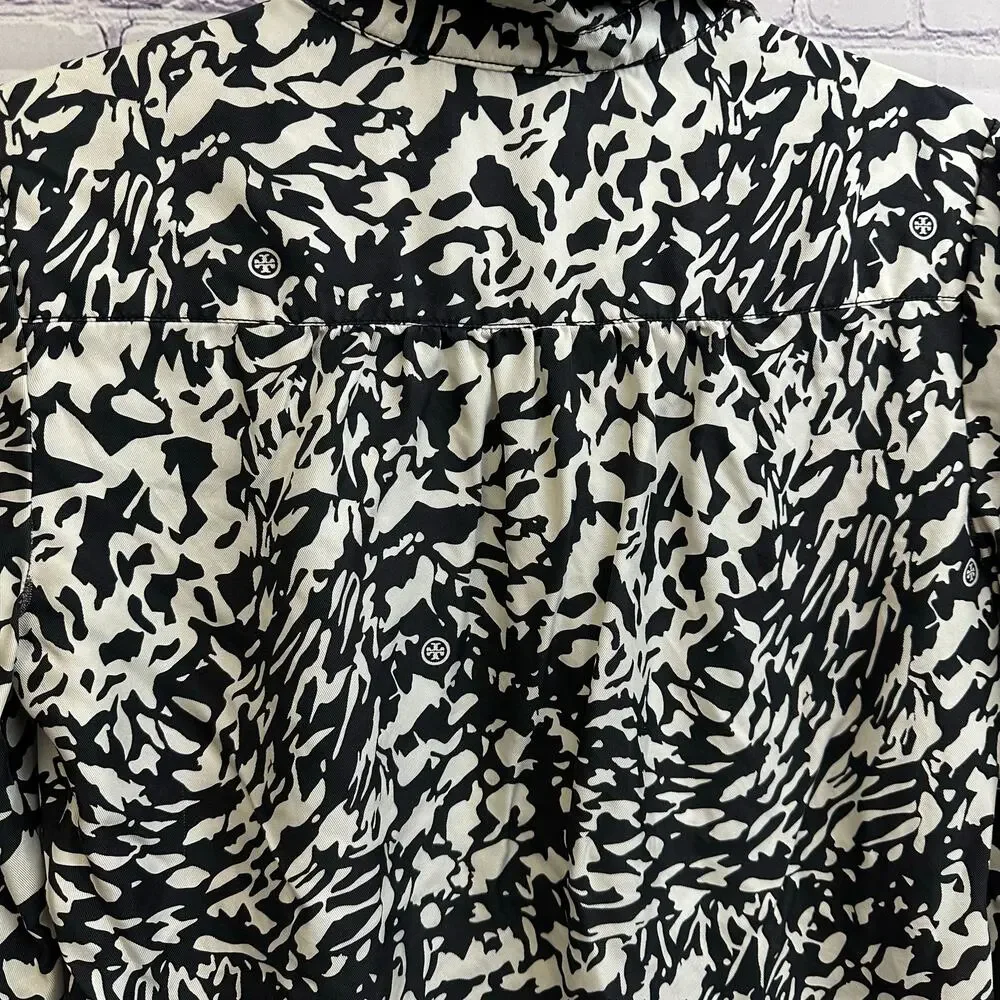 Tory Burch Black & White 100% Silk Double T Logo Tunic Shirt Size 6